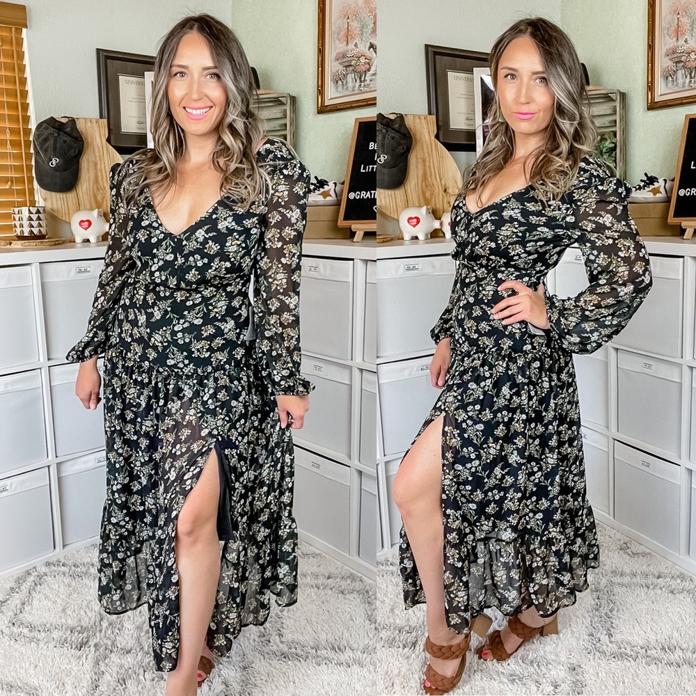 ASTR The Label Long Sleeve Floral Maxi Dress Black Medium